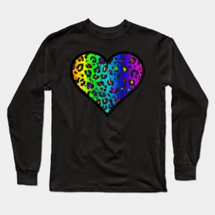 Distressed Dark Rainbow Leopard Print Heart Long Sleeve T-Shirt